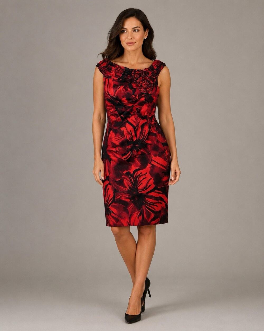 Adrianna Papell Dress Size 14 Red Black Floral Sheath Rosette Cocktail Party NWT